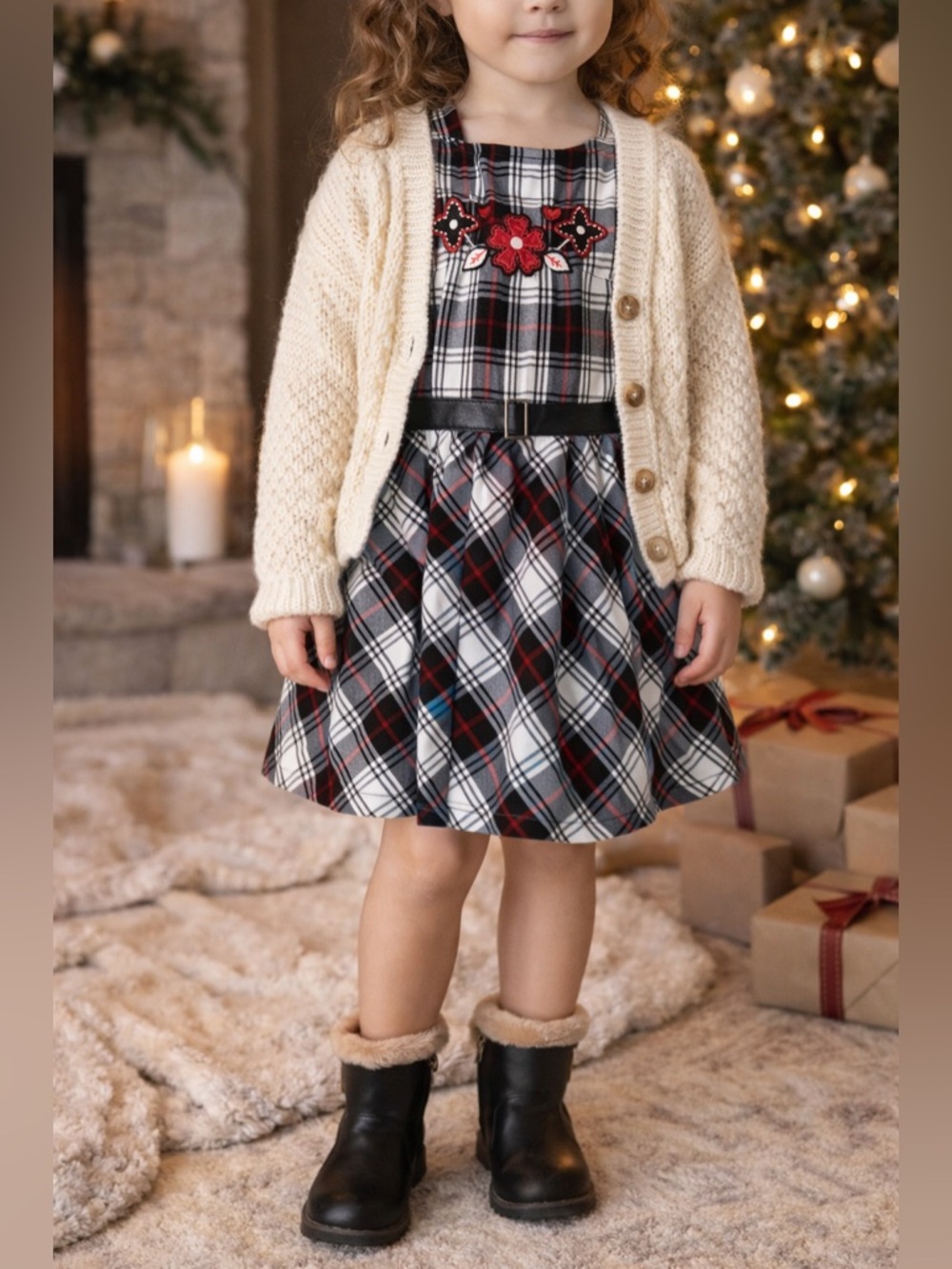 Bambini Girls Plaid Dress Red Black Embroidered Floral Size 5 Holiday Party